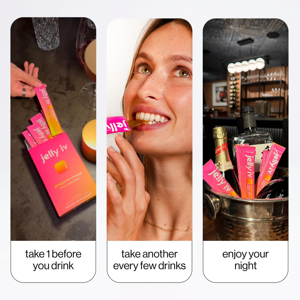 Jelly IV fast morning relief stick in hand demonstrates portable refreshment after late nights.