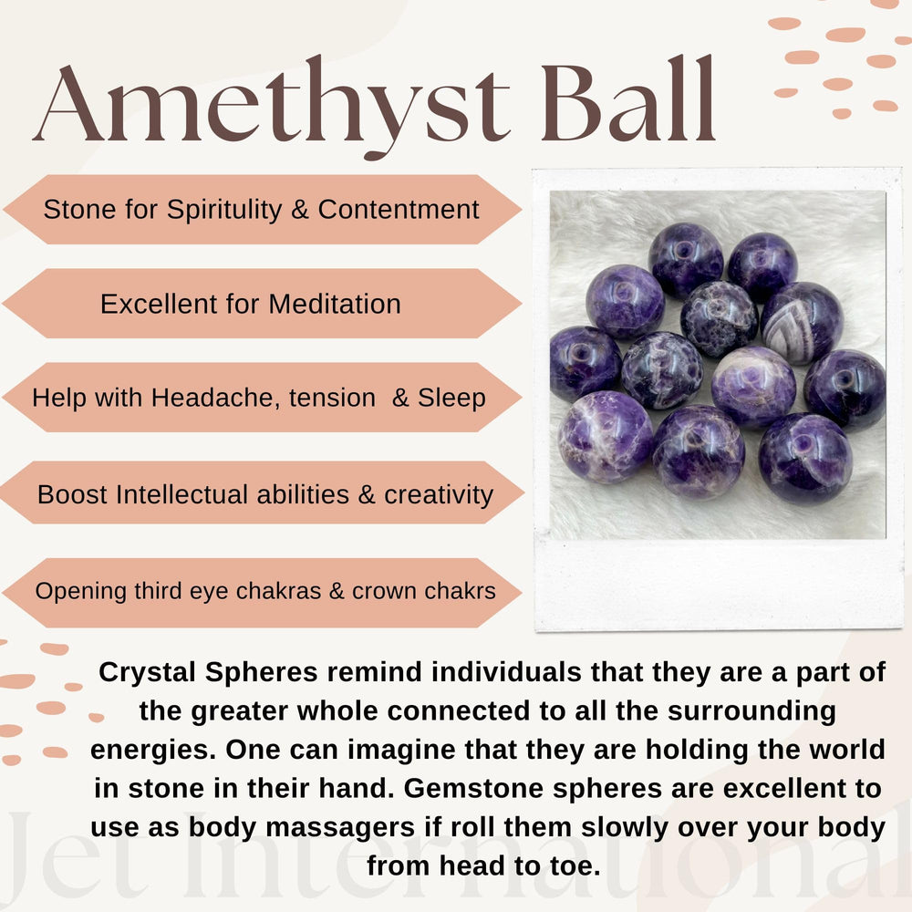 Jet International amethyst sphere closeup reveals unique patterns and coloration