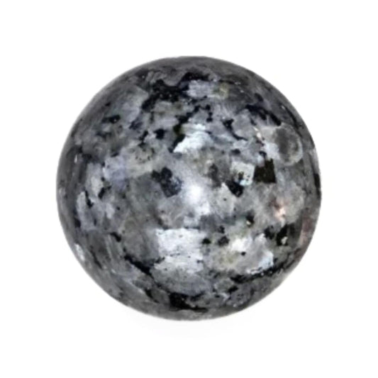 Jet International Larvikite ball closeup shows silver-blue flashes for meditation