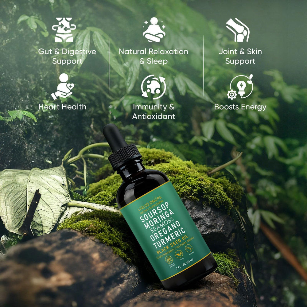 Black seed oil and oregano blend closeup emphasizing botanicals