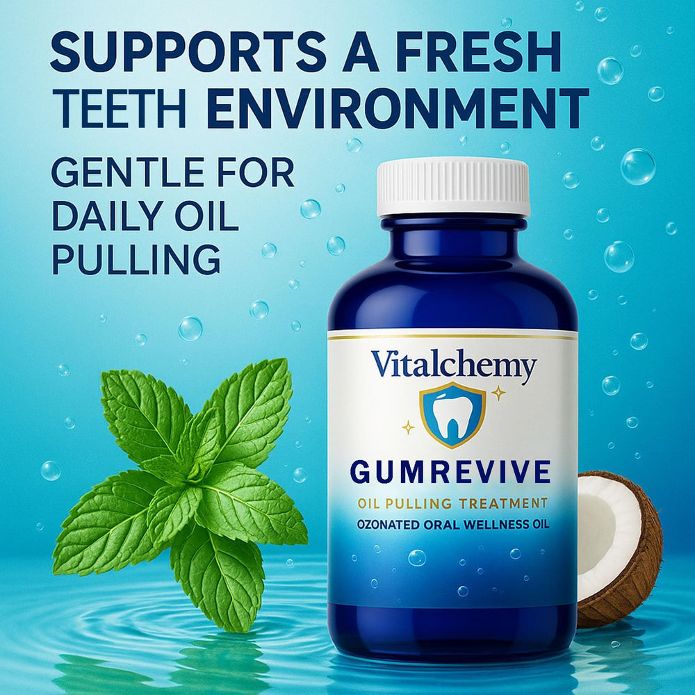 Vitalchemy coconut oil mouthwash bottle with peppermint aroma for lasting breath.