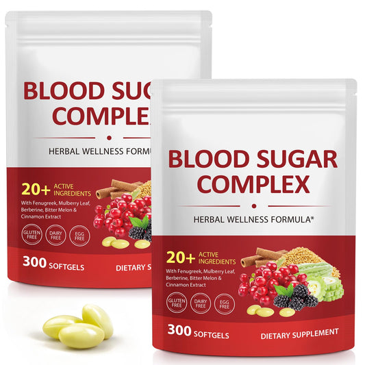 J&H Blood Sugar Complex bottle side view with 300 softgels for daily use.