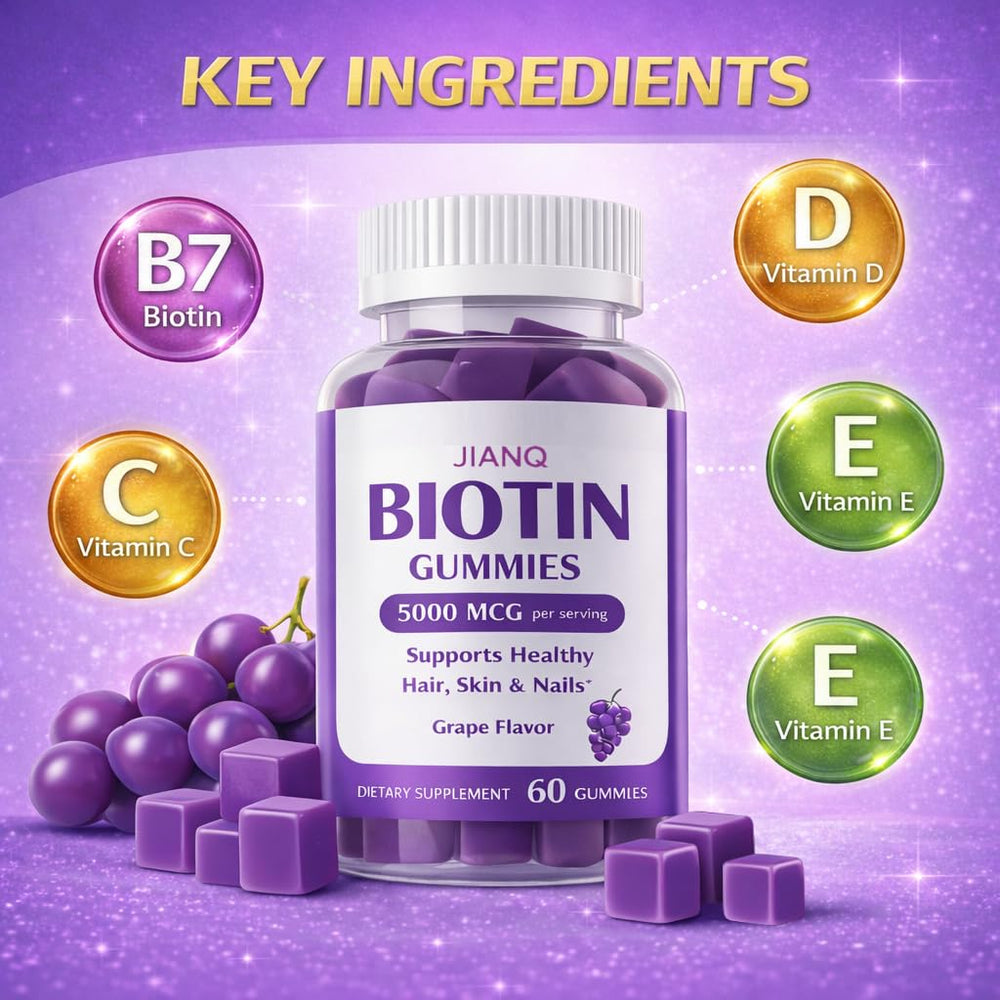 Close-up of JianQ Biotin Gummies texture highlighting grape flavor.