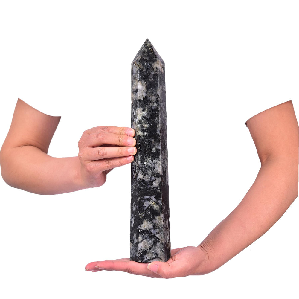 JIC Gem extra large tourmaline obelisk side view highlighting six facets