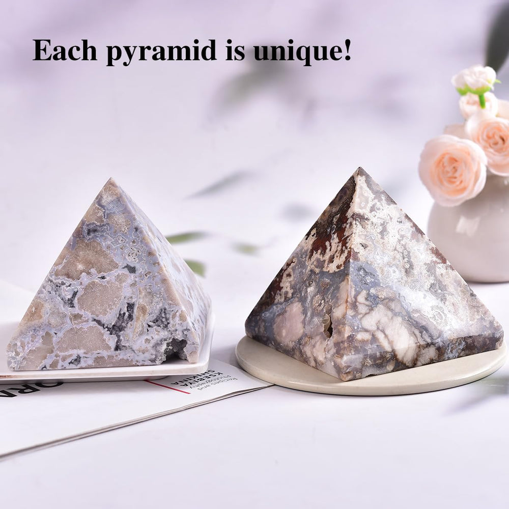 JIC Gem blue cherry blossom agate pyramid creates serene ambiance for yoga and reflection.