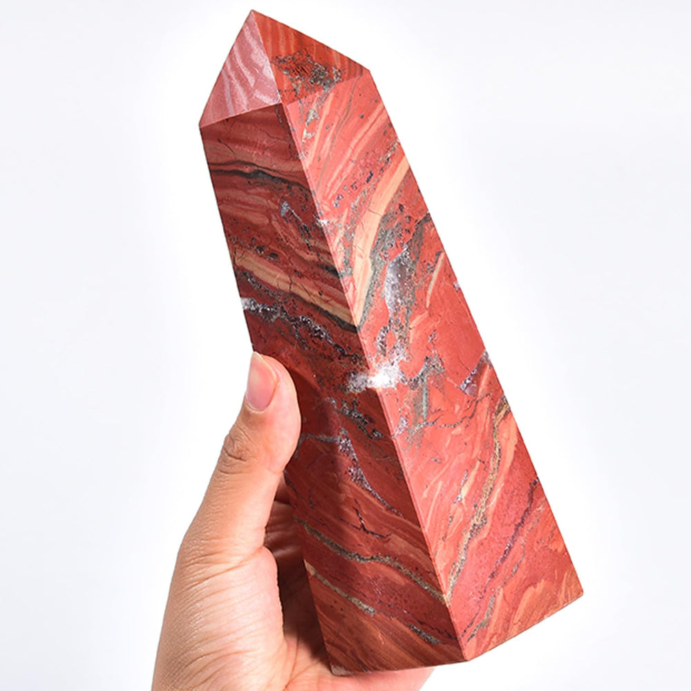 JIC Gem red Jasper crystal tower close-up showing natural color variations.