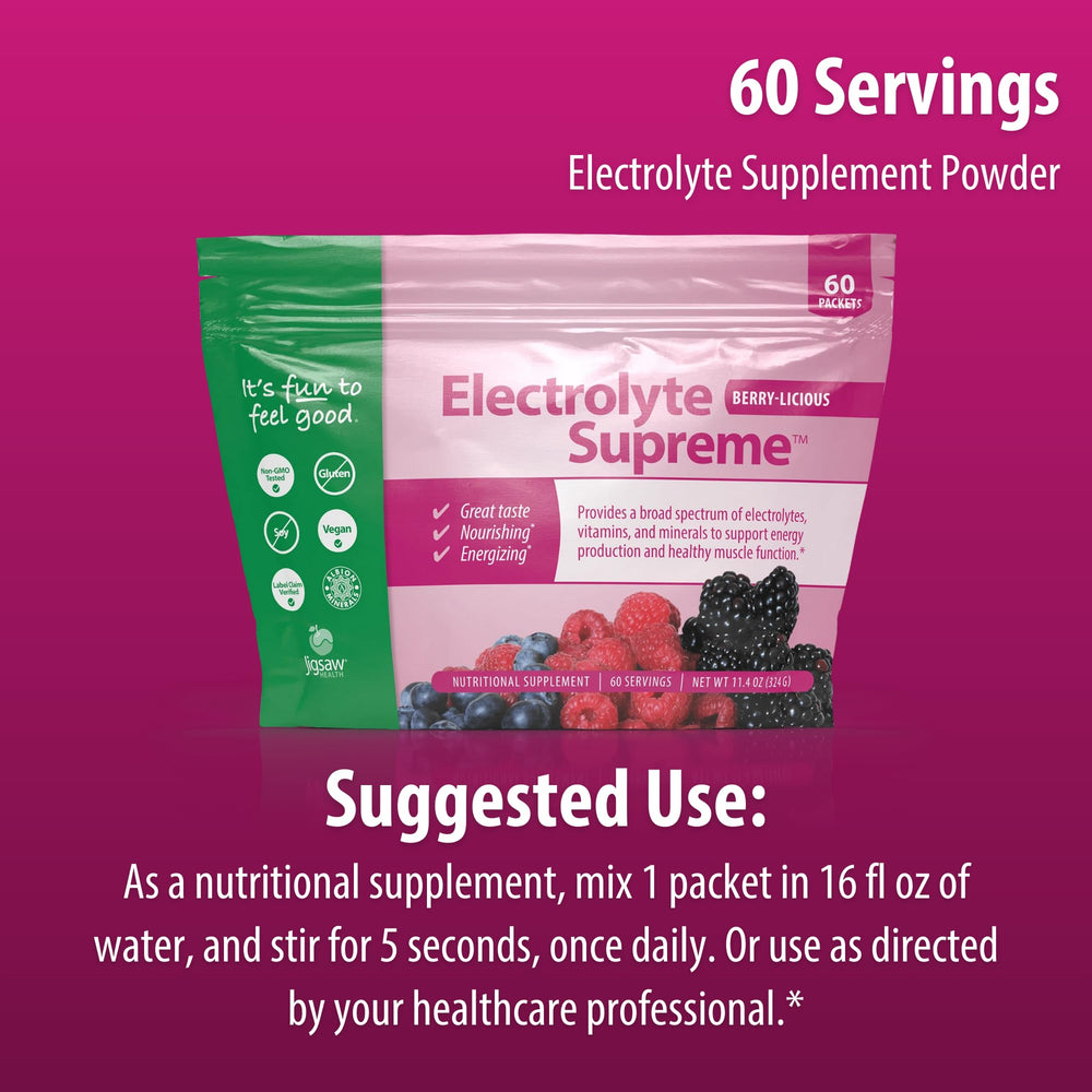 Jigsaw Electrolyte Supreme 60 servings packaging highlights value and convenience.