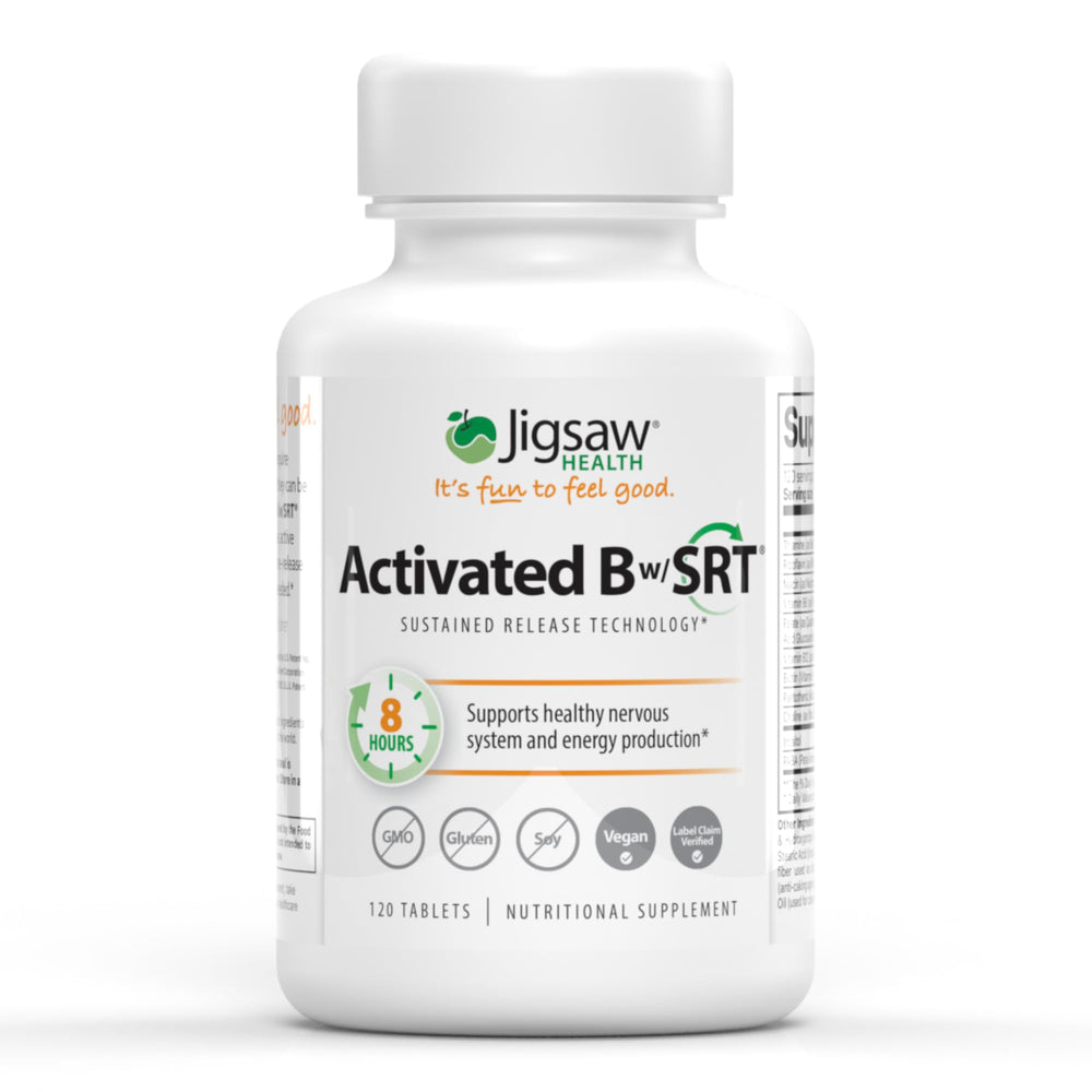 Jigsaw Health Activated B w/SRT bottle shown for daily vitamin support and easy intake.