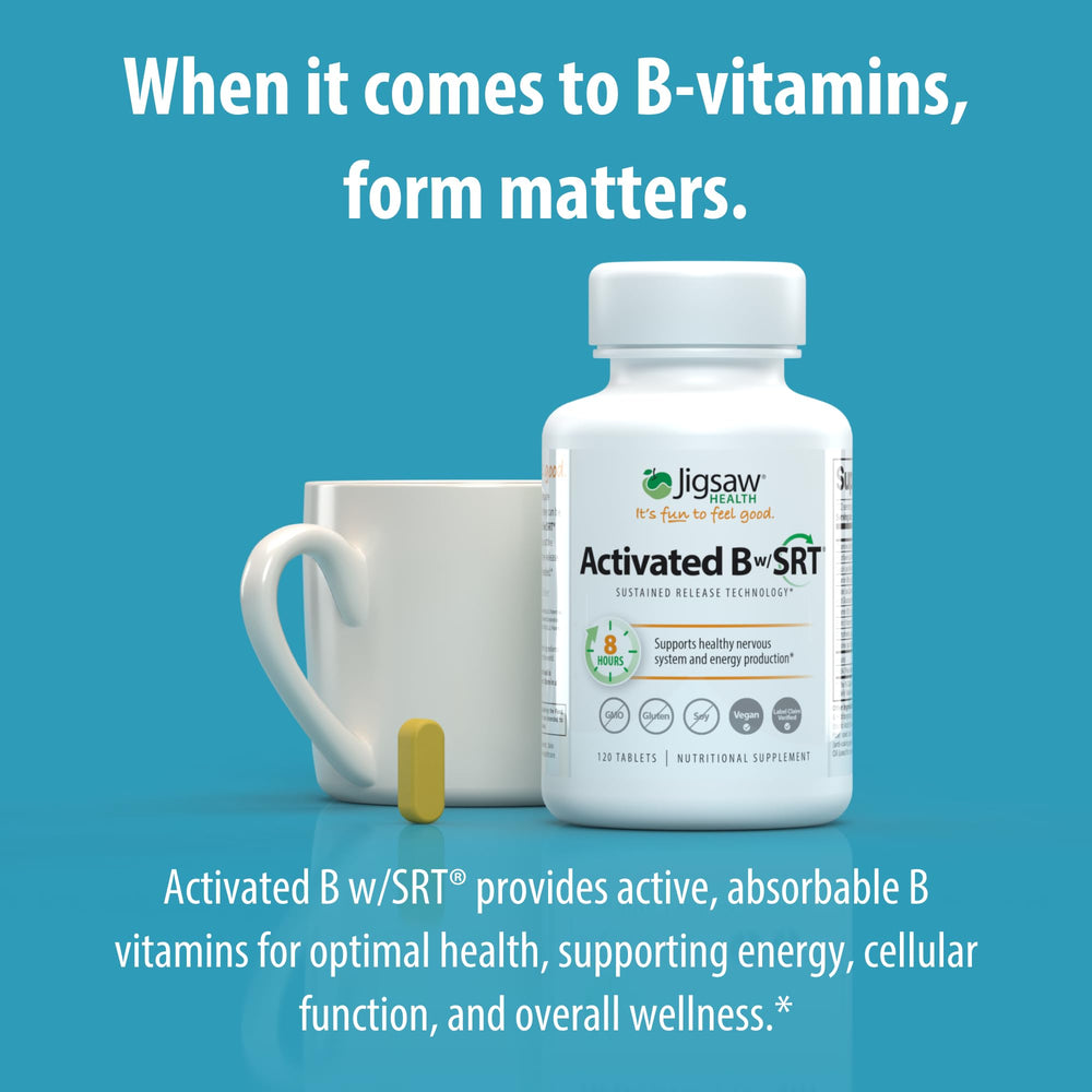 Jigsaw Health Activated B w/SRT package in hand for portable daily use.