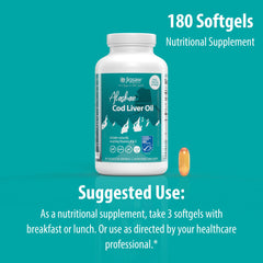 Jigsaw Health Alaskan Cod Liver Oil bottle on kitchen shelf.