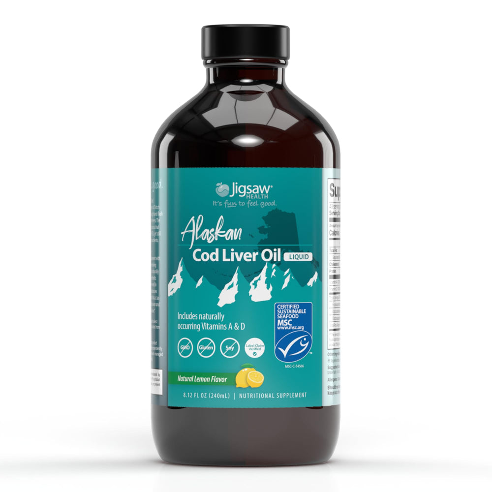 Jigsaw Health Alaskan Cod Liver Oil bottle on shelf for daily immune and brain support.