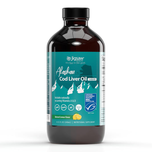 Jigsaw Health Alaskan Cod Liver Oil bottle on shelf for daily immune and brain support.