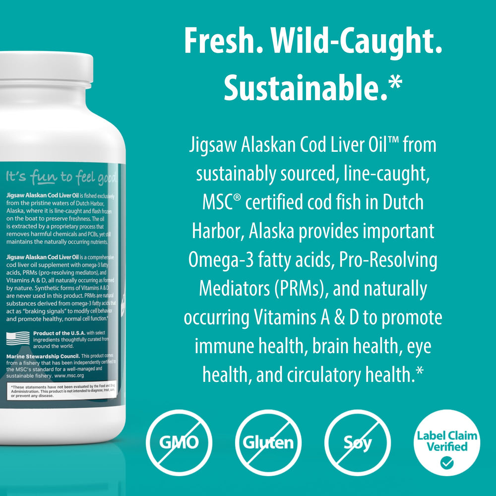 Jigsaw Health Alaskan Cod Liver Oil MSC certification seal on packaging.