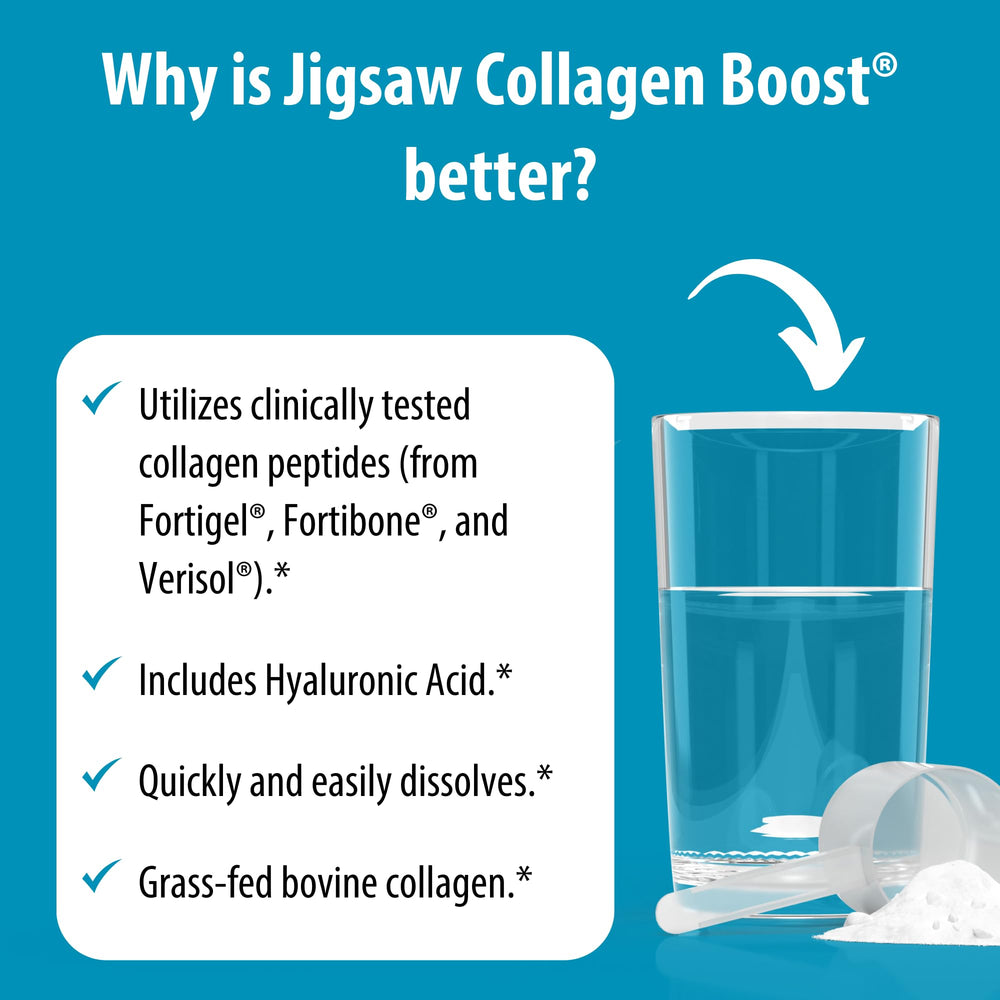 Jigsaw Health Collagen Boost bone-support-pack on shelf signals bone density focus.