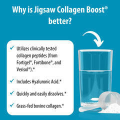 Jigsaw Health Collagen Boost bone-support-pack on shelf signals bone density focus.