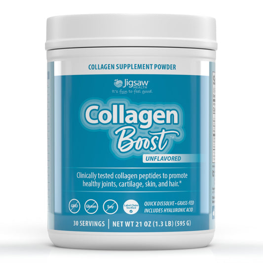Jigsaw Health Collagen Boost bottle pour showing easy mixing for daily joint comfort.
