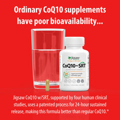 Jigsaw Health CoQ10 w/SRT packaging displayed on a kitchen counter.