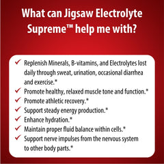 Product packaging highlights bioavailable minerals and vitamins from Jigsaw Health Electrolyte Supreme.