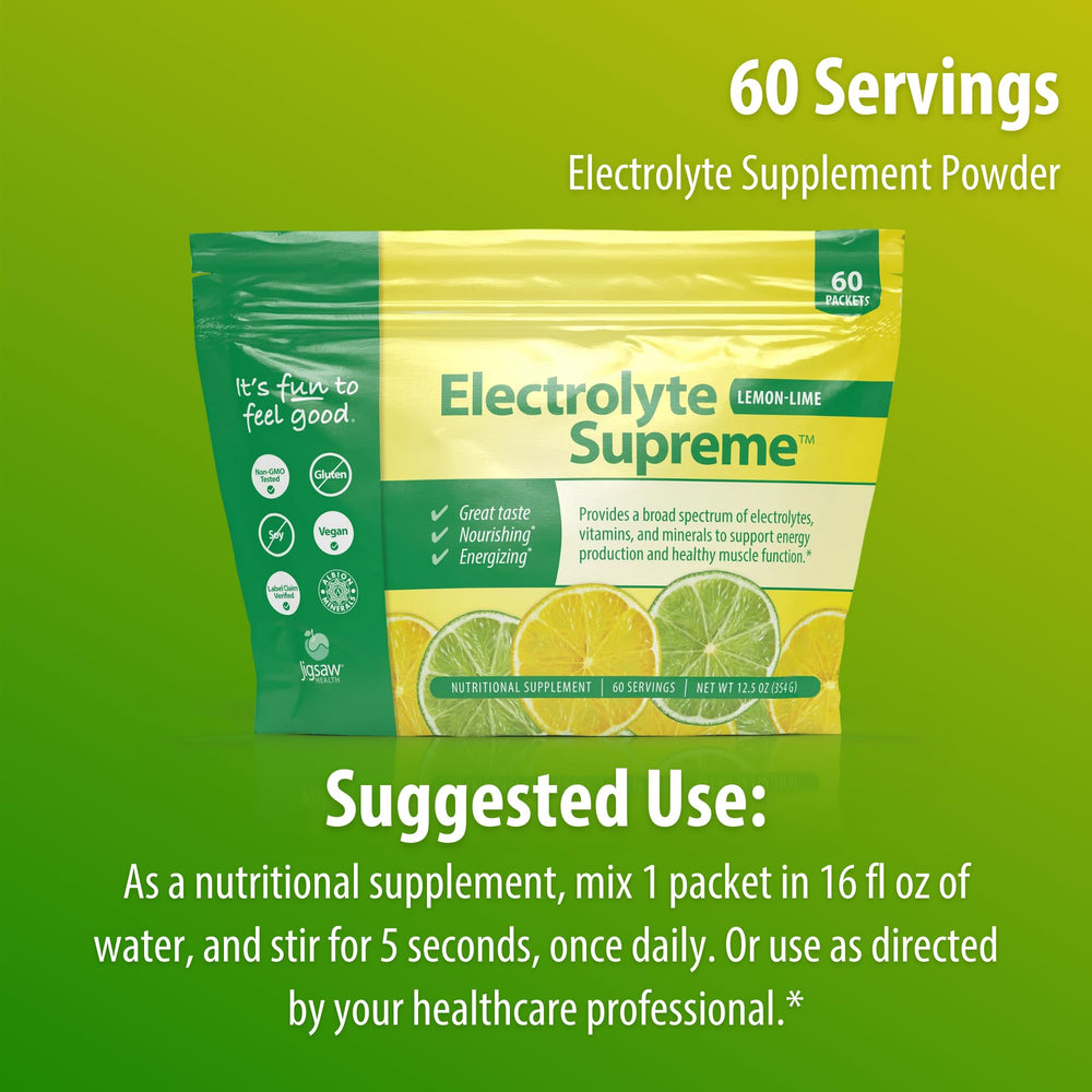 Glass poured with Jigsaw Health Electrolyte Supreme lemon-lime for refreshing hydration.