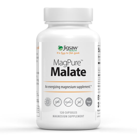 Jigsaw Health MagPure Malate bottle shown for daily energy support.