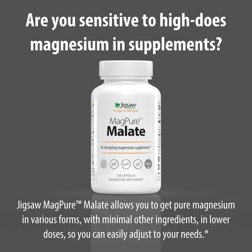 Capsules in hand illustrate easy daily dosage with MagPure Malate.