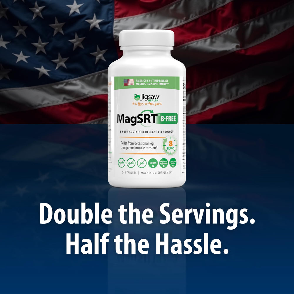 Jigsaw Health MagSRT bottle cap close-up highlights slow-release feature.