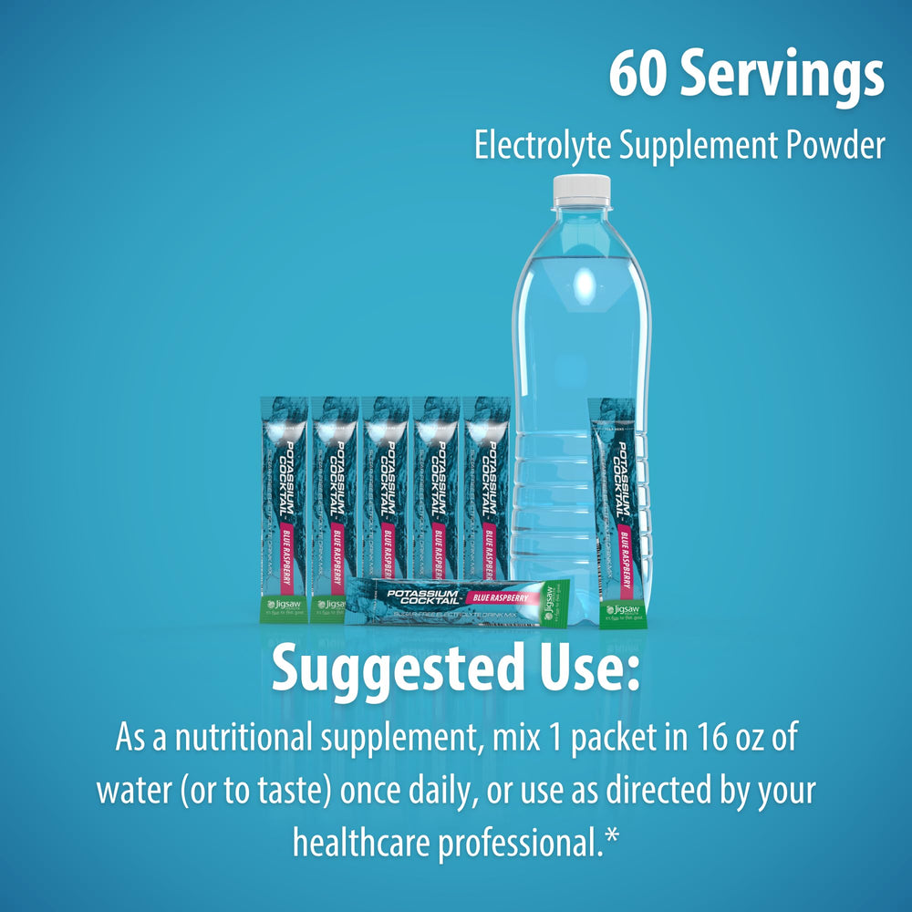 Jigsaw Health Potassium Cocktail blue raspberry glass with prepared drink ready to sip.