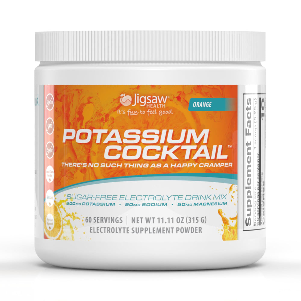 Jigsaw Health Potassium Cocktail orange jar label highlights electrolyte hydration for workouts.