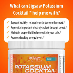 Jigsaw Health Potassium Cocktail orange pickleball-court scene suggests performance-friendly hydration.