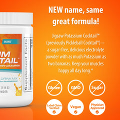Jigsaw Health Potassium Cocktail orange pour demonstrates convenient on-the-go hydration.