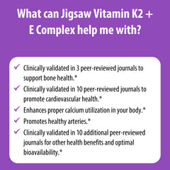 Jigsaw Health Vitamin K2 + E Complex capsule details emphasize vitamin blend