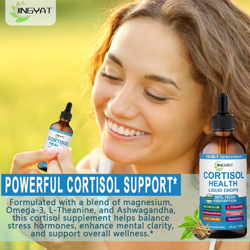 Ingredients close-up highlighting Ashwagandha, L-Theanine, Omega-3 for natural balance.