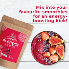 Jiva Organics Beet Root Powder vegan non-GMO label close-up.