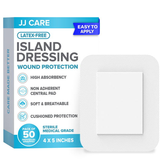 JJ CARE adhesive island dressing pack of 50 provides reliable wound protection and hygiene.