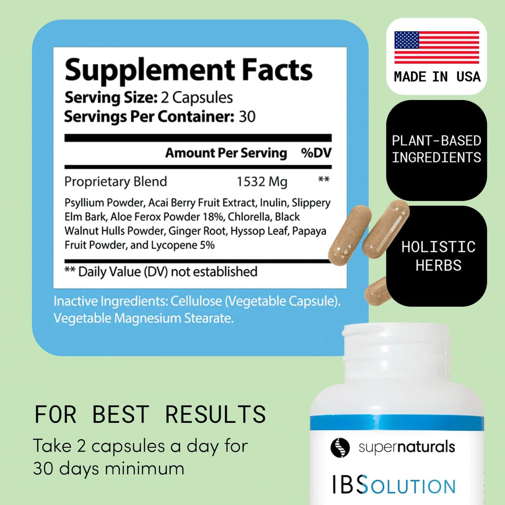 JLM Nutritionals SuperNaturals IBSolution made-in-usa packaging emphasizes quality and safety