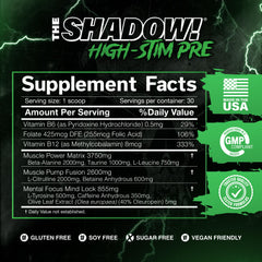JNX Shadow label closeup on premium ingredients for workouts