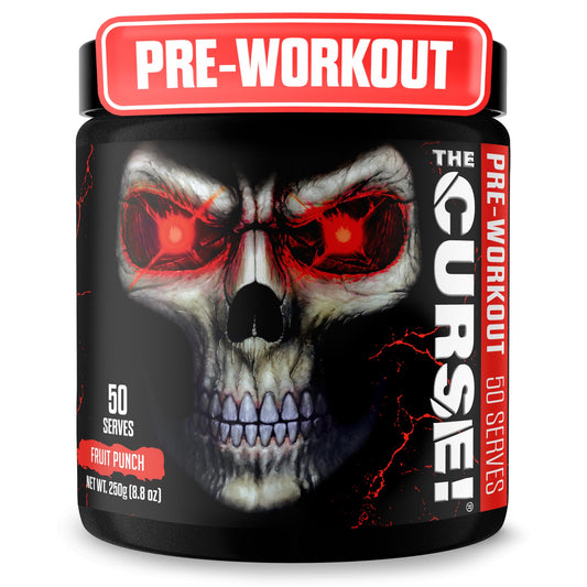 JNX SPORTS The Curse fruit punch powder canister ready for a high-energy pre-workout boost.