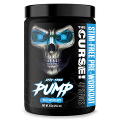 JNX Sports The Curse! Pump bottle shows blue raspberry flavor for non-stimulated pre-workouts