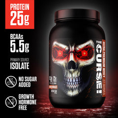 Close-up of The Curse! nutrition panel emphasizing whey isolate and clean formula.
