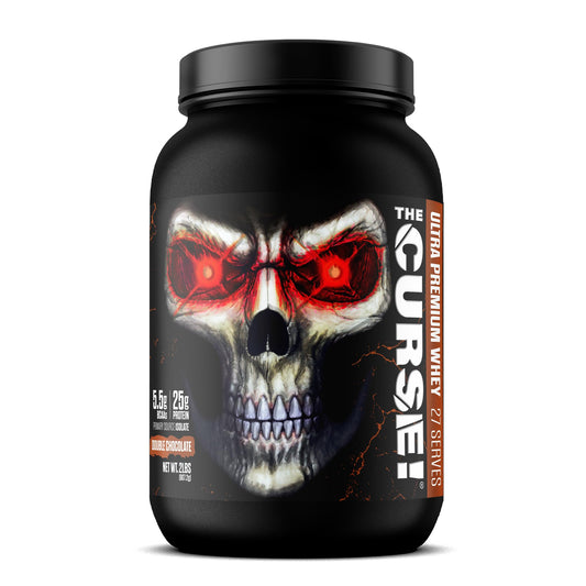 The Curse! Double Chocolate bottle with creamy post-workout shake ready to mix.