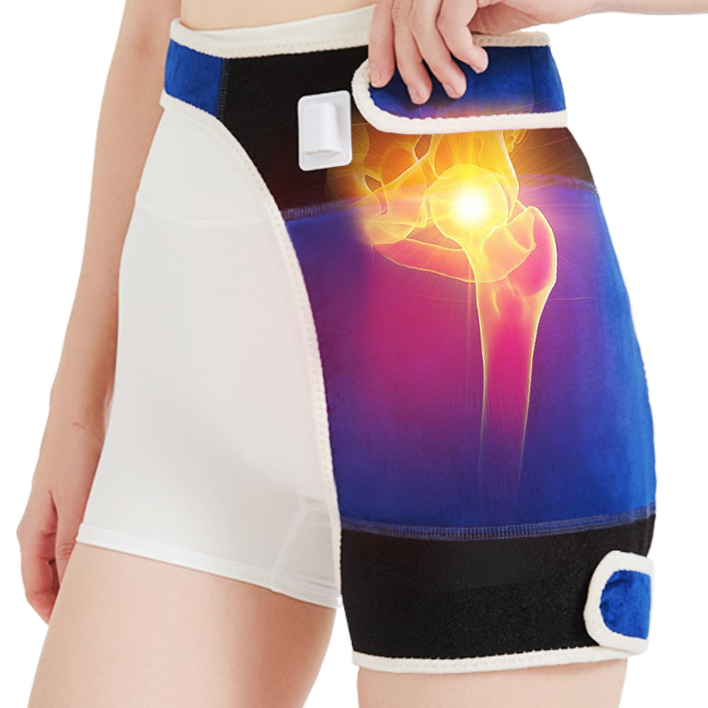JOBYNA hip heating pad wrapped around model’s hip for comfortable heat therapy