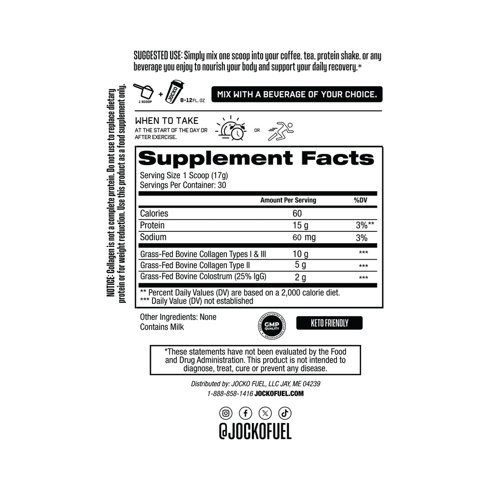 Jocko Fuel Colostrum Powder bottle highlights dual-action formula