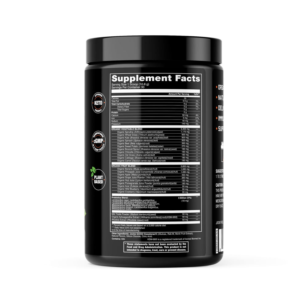 Jocko Fuel Daily Greens powder in glass showcases quick morning hydration support.