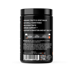Close-up of measuring spoon with Daily Greens powder for convenient daily nutrition.