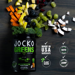 Brand label close-up on Daily Greens powder showing transparent ingredient amounts