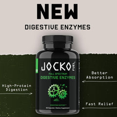 Jocko Fuel Digestive Enzymes icons indicate dairy and beans digestion support.