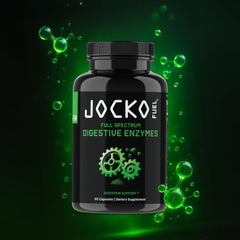 Jocko Fuel Digestive Enzymes meal time-use illustration with 60-count bottle.