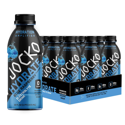 Jocko Fuel Hydrate blue raspberry bottle front highlighting a refreshing electrolyte drink