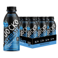 Jocko Fuel Hydrate blue raspberry bottle front highlighting a refreshing electrolyte drink