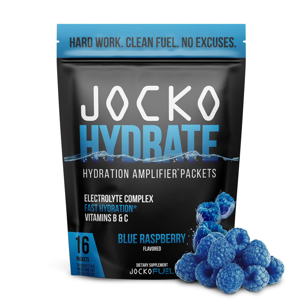 Jocko Fuel Hydrate blue raspberry packet closeup for on-the-go hydration